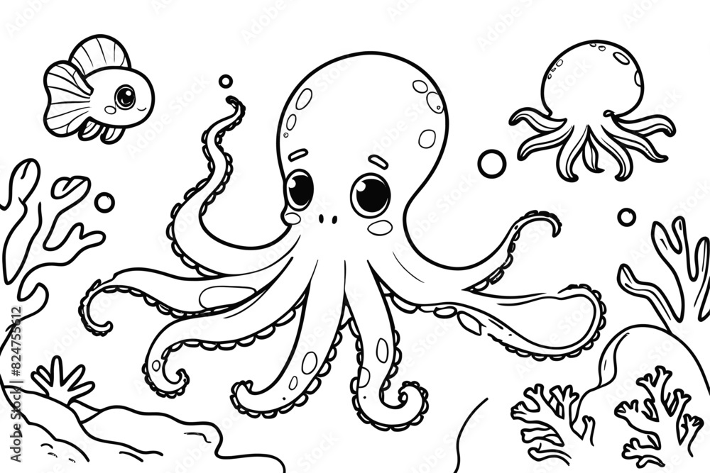 a coloring book page white background Create a magical Octopus a coloring book page white background Create a magical Octopus