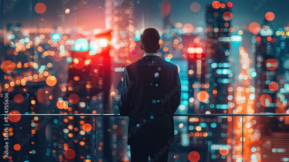 Businessman in suit looking at city lights from rooftop, concept of success and business lifestyle, high angle view. Businessman in suit looking at city lights from rooftop, concept of success and business lifestyle, high angle view.