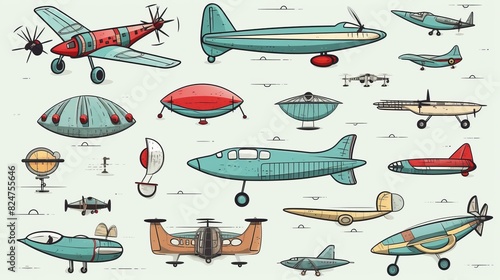 Various air vehicles during flight doodle set. Collection of hand drawn planes helicopters air balloons kites airplanes flying saucer parachute isolated on transparent background photo