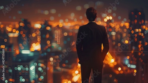 Businessman in suit looking at city lights from rooftop, concept of success and business lifestyle, high angle view. photo