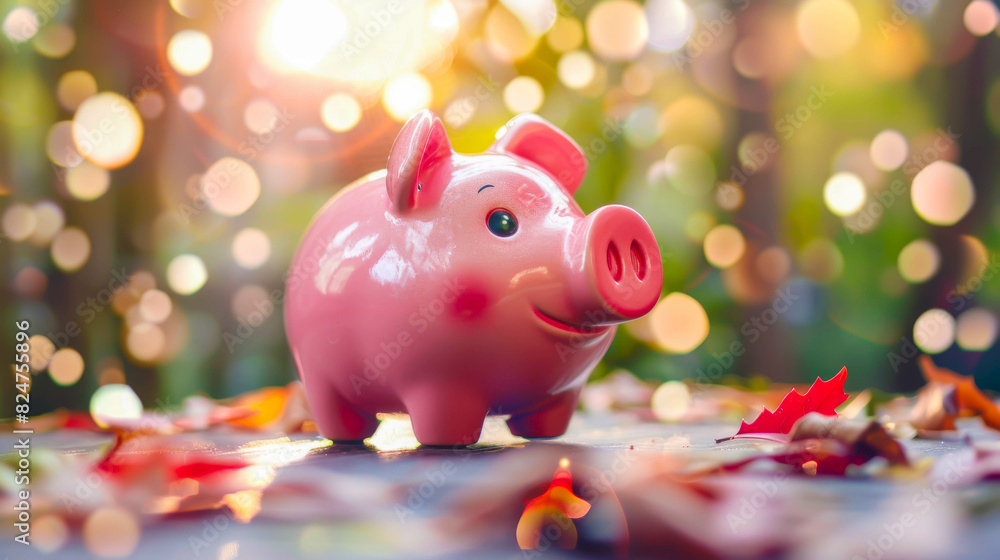 A piggy bank is sitting on a table with autumn leaves. The piggy bank is pink and has a smile on its face A piggy bank is sitting on a table with autumn leaves. The piggy bank is pink and has a smile on its face