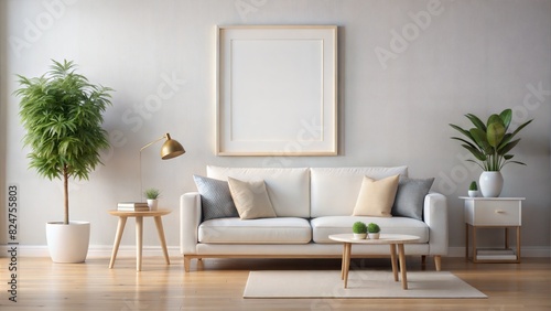 White Rimmed blank Frame in Clean and Serene Living Room 