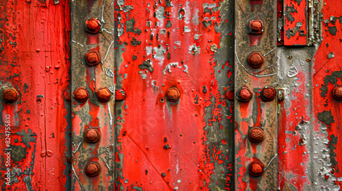 The red and white door has a lot of rust and is old. The door is made of wood and has a lot of holes and peeling paint