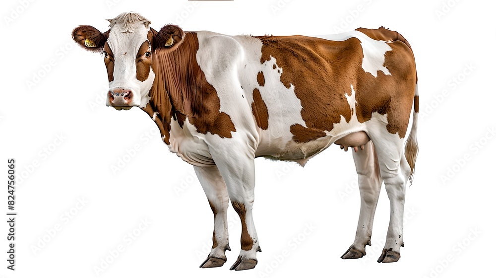 Brown and white dairy cow standing on a white background. Image of a farm animal captured in AI. Useful for educational and agricultural purposes. AI