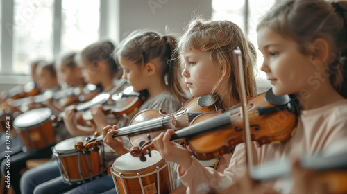Children's music class, a group of kids playing various musical instruments in the school hall during an educational activity. learning to play musical instruments. Generative AI.