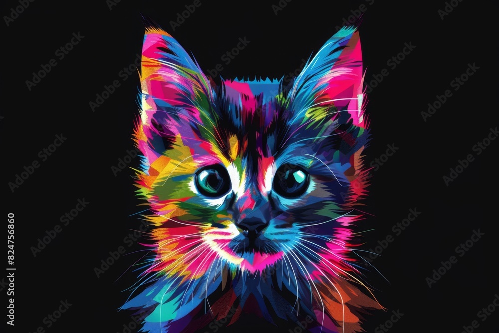 Rainbow, colourful geometric kitten on a black background. Art rainbow style, mascot head shot. Rainbow, colourful geometric kitten on a black background. Art rainbow style, mascot head shot.