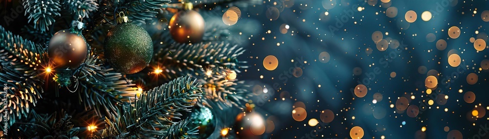 Fototapeta premium An enchanting overhead shot of a Christmas tree fully decorated with shimmering baubles and tiny twinkling lights casting a magical glow, central void area for text.