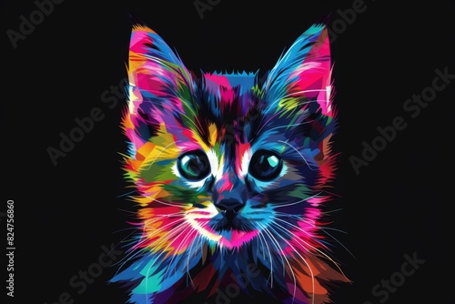 Rainbow, colourful geometric kitten on a black background. Art rainbow style, mascot head shot. © PicturePerfect