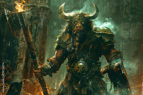 A fearsome minotaur in an ancient labyrinth, holding a massive axe, with glowing eyes and steam rising from its nostrils, ready for battle  photo