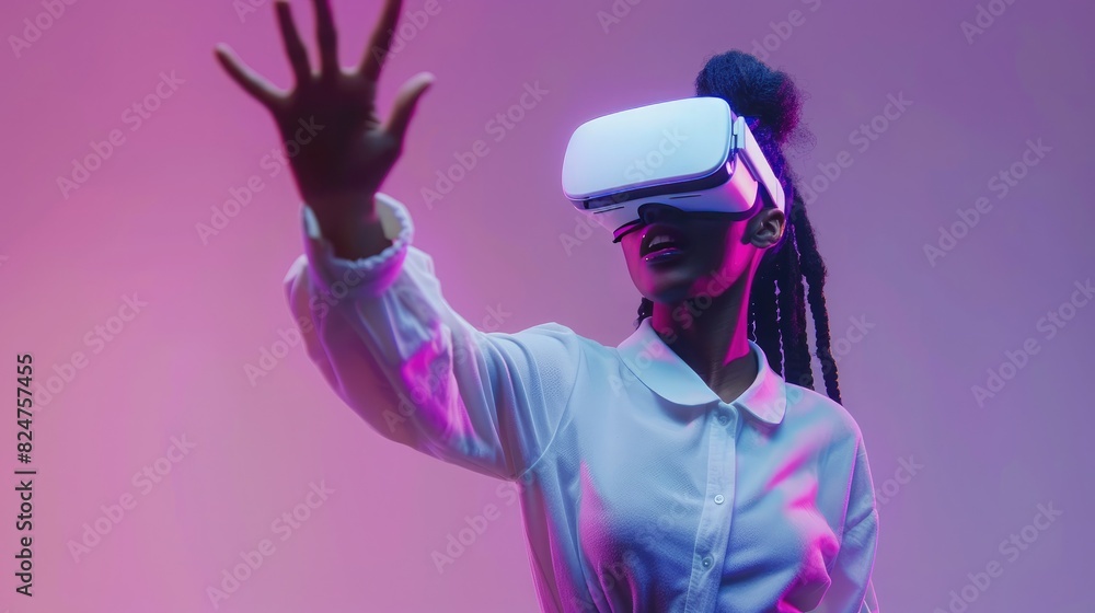 A woman uses VR glasses to experience something unseen in the future world. with copy space A woman uses VR glasses to experience something unseen in the future world. with copy space