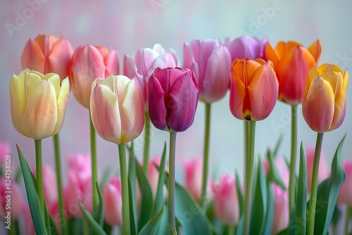 Colorful tulips with different colors against a white background