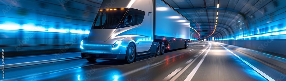Fototapeta premium Highspeed freight transport, an electric semitruck in a tunnel with radiant blue light effects, emphasizing efficiency and modernity