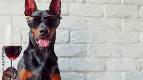great dog doberman pinscher wearing sunglasses and holding a glass of red wine, wagging it's tongue, happy expression, banner with copy space
