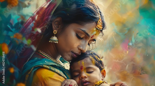 Each brushstroke of color seems to dance around an Indian mother and her newborn child, creating a mesmerizing tableau