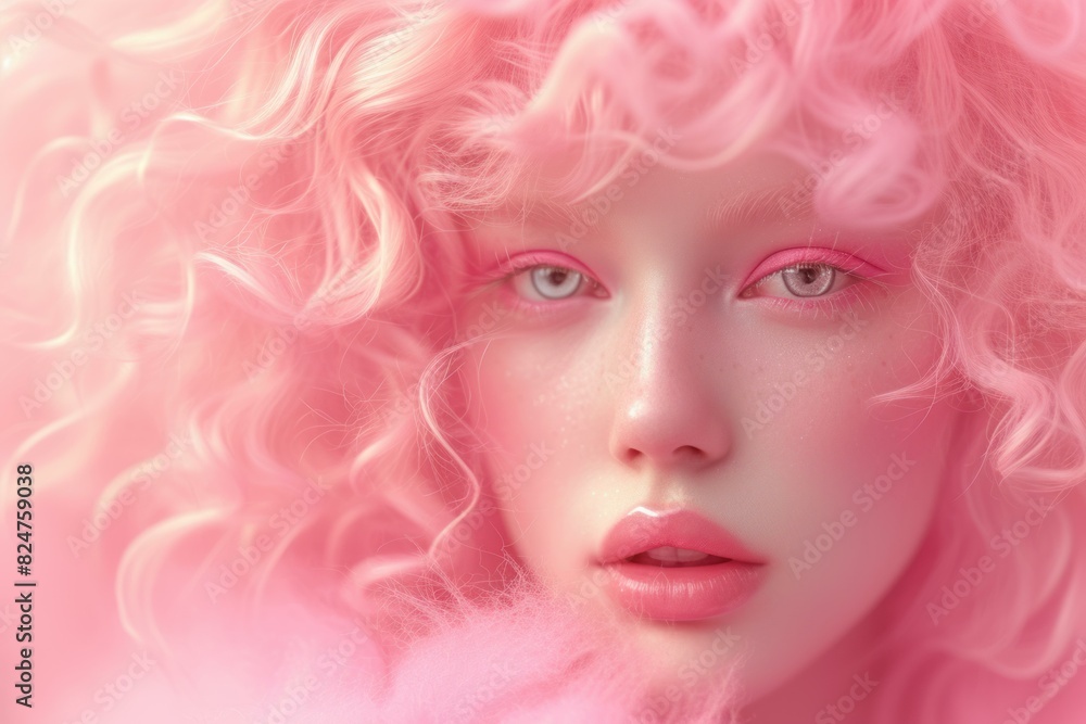 Captivating dreamy pink fantasy portrait with ethereal curly hair and captivating eyes in soft focus. Radiating feminine beauty against a surreal and delicate pastel background. Light