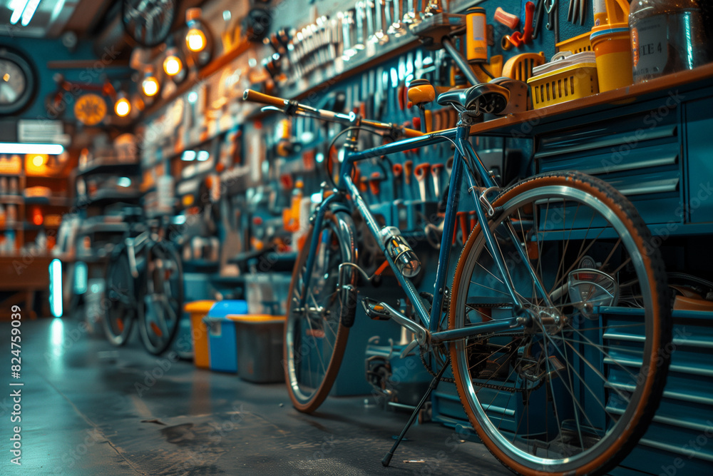 Obraz premium A community bike repair station providing tools and resources for cyclists to maintain and repair their bicycles, promoting s.A bicycle is parked in a repair shop next to a wheel and tire