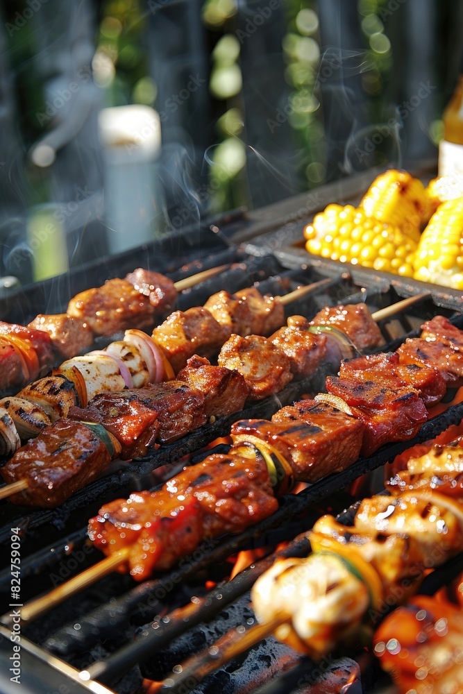 Grilling Feast: A mouthwatering spread of barbecue meats sizzling on the grill, creating a delicious dinner spread Grilling Feast: A mouthwatering spread of barbecue meats sizzling on the grill, creating a delicious dinner spread