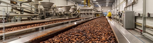 Hightech cocoa bean processing in a clean and efficient facility, perfect for educational materials on food industry