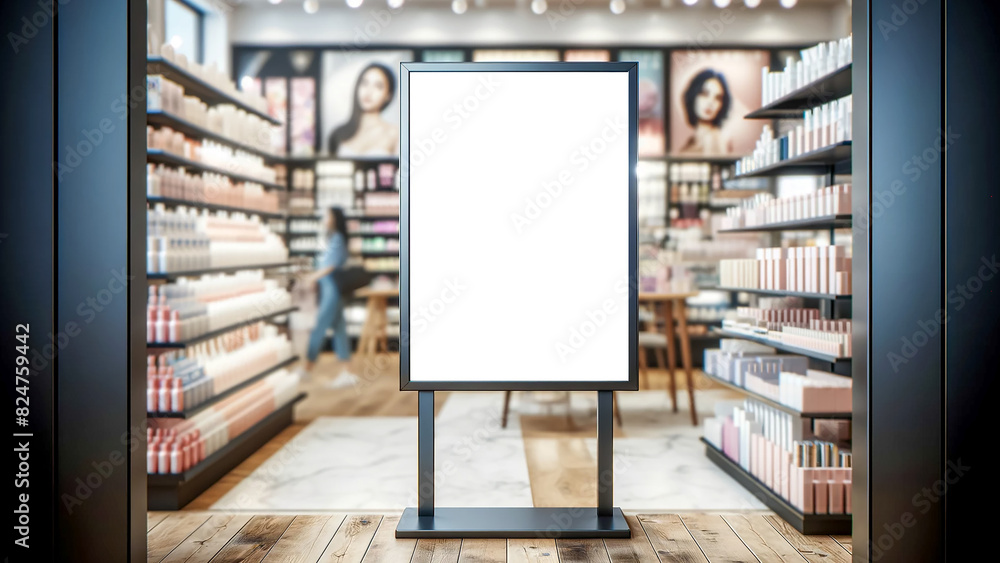mockup of a vertical poster billboard in front of a blurred cosmetic shop background. mockup of a vertical poster billboard in front of a blurred cosmetic shop background.