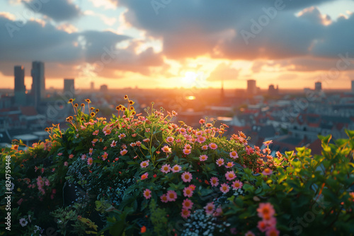 A rooftop garden in an urban setting, demonstrating the potential of vertical gardening in limited spaces.In the foreground, there are flowers with a city sunset in the background