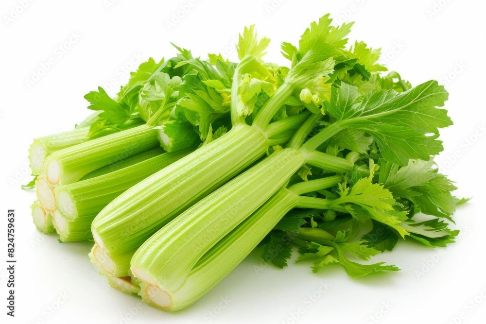 Fresh green celery stalks and leaves isolated on white background. Healthy vegetable ideal for salads, cooking, and juicing. Fresh green celery stalks and leaves isolated on white background. Healthy vegetable ideal for salads, cooking, and juicing.