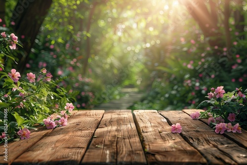 The wooden table in the woods overlooks the flowers of springtime photo