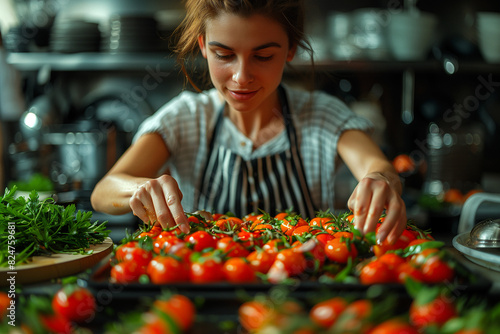 A zero-waste cooking class demonstrating techniques for using food scraps and leftovers to create delicious meals.A woman wearing an apron is cooking with tomatoes in a kitchen
