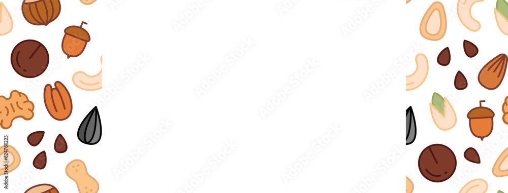 Banner with Nuts and Seeds. Empty space for text. Frame with nuts. Hand drawn vector illustration Banner with Nuts and Seeds. Empty space for text. Frame with nuts. Hand drawn vector illustration