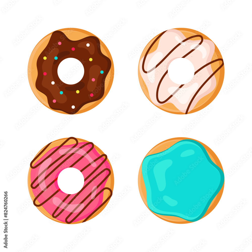 Set of Donuts with Glaze and Sprinkles. Collection of Sweet Pastries with Chocolate, Strawberry, Vanilla and Mint Glaze. Bright Donuts in Flat Style. Top View Set of Donuts with Glaze and Sprinkles. Collection of Sweet Pastries with Chocolate, Strawberry, Vanilla and Mint Glaze. Bright Donuts in Flat Style. Top View
