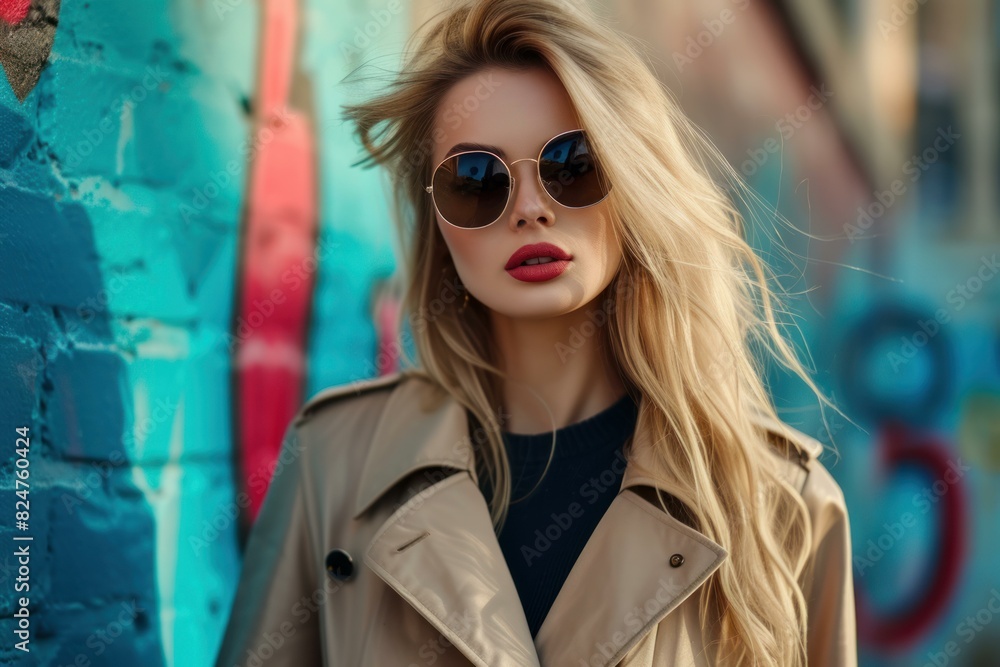 Stylish blonde in sunglasses and trench coat stands before a colorful graffiti wall Stylish blonde in sunglasses and trench coat stands before a colorful graffiti wall