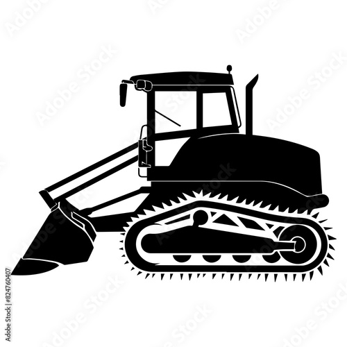 Vector illustration of a bulldozer in black and white, highlighting its distinctive tracks and simple design.