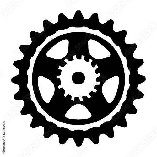 Black and white vector illustration of an industrial gear wheel with intricate details, representing machinery and mechanical engineering.