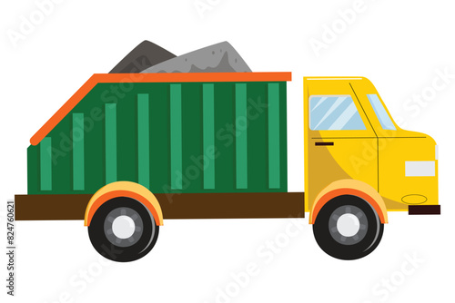 Yellow and green truck transporting soil in a dumpster. Flat cartoon illustration.