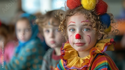 A group of third grade students are sitting in a classroom. And one of them was dressed as a cute clown.
