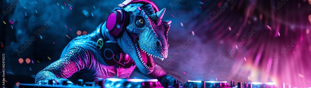 Bluescaled dinosaur DJ with headphones, mixing music in a vibrant, neonlit club