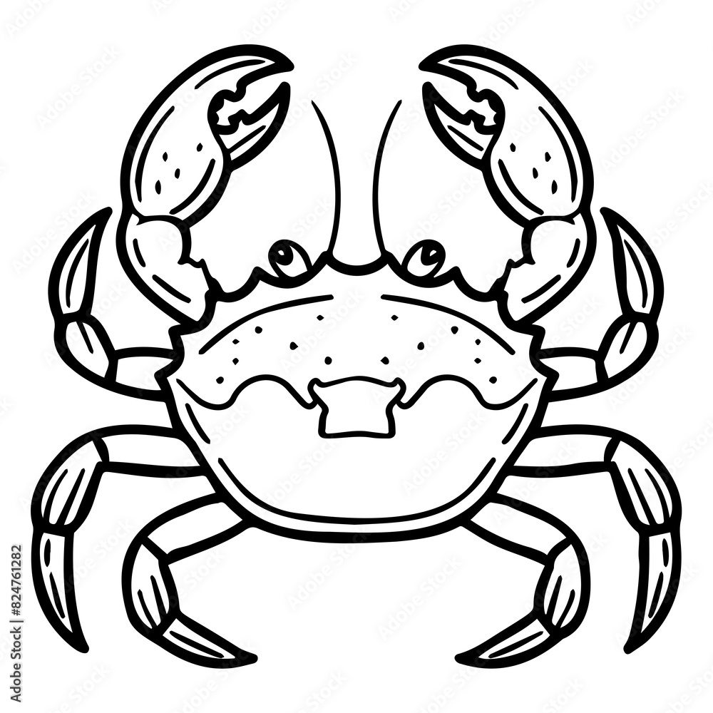 Cute cartoon-style line art of a crab with detailed claws and facial expression, ideal for coloring pages and children's projects. Cute cartoon-style line art of a crab with detailed claws and facial expression, ideal for coloring pages and children's projects.