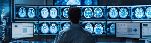 Doctor examining brain scans on multiple screens