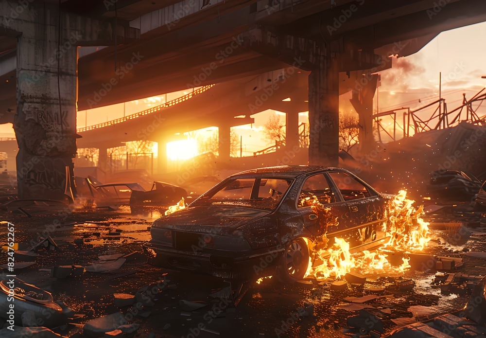 Apocalyptic cityscape with burning car. Desolate urban street scene at sunset. Cinematic visuals with intense fire and destruction. AI