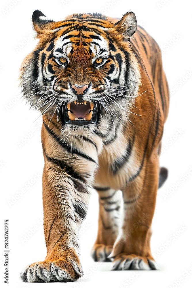 Fototapeta premium Fierce tiger prowling with a snarl, against a stark white background
