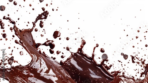 A chocolate splash border and white background are splattered with refreshment.