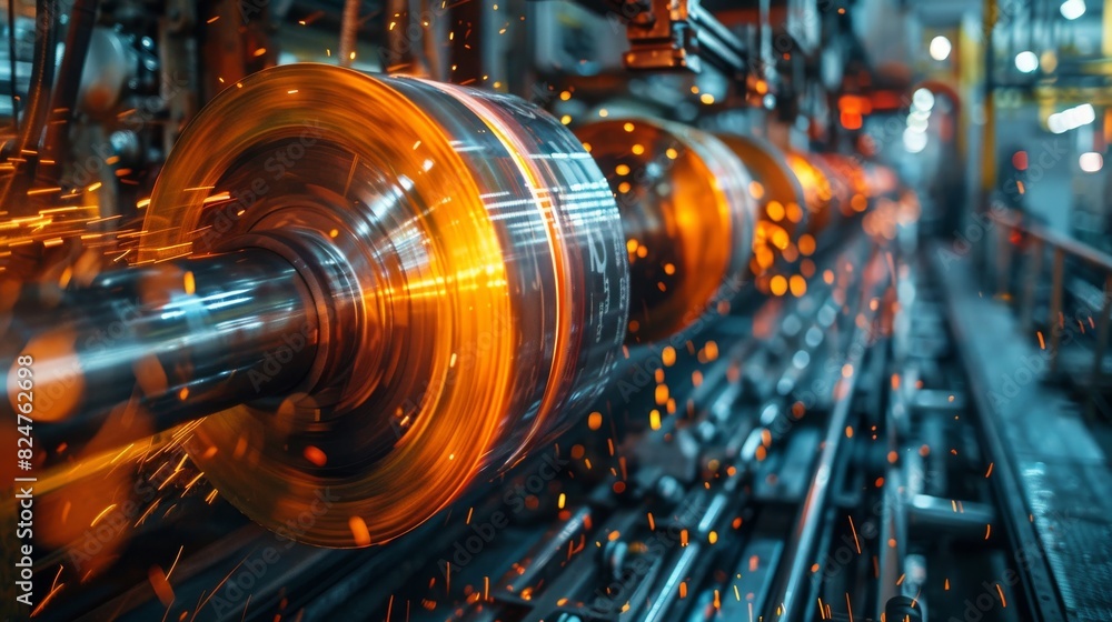 High-speed image of machinery in motion, spinning with a blur that captures the intensity of industrial work