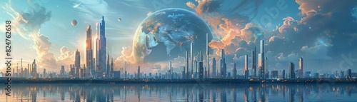 Futuristic city with gleaming skyscrapers under a massive holographic planet, reflecting on a serene water surface © Chanoknan