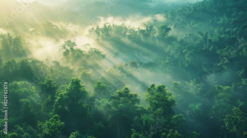 Morning mist clouds over a rainforest with tranquility in the background.