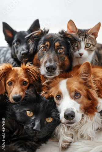 Group of dogs and cats lying together, looking at the camera, white background