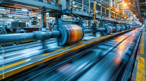 An industrial printing press running at high speed, with motion blur emphasizing swift production photo