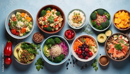 Assortment of healthy food dishes. Top view.