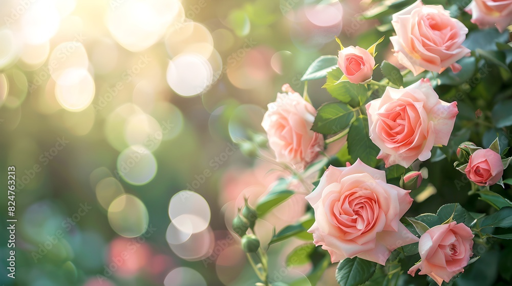 Beautiful morning sun shining on pink roses in a floral garden. Nature photography at its best. Perfect for backgrounds and decorative purposes. AI Beautiful morning sun shining on pink roses in a floral garden. Nature photography at its best. Perfect for backgrounds and decorative purposes. AI