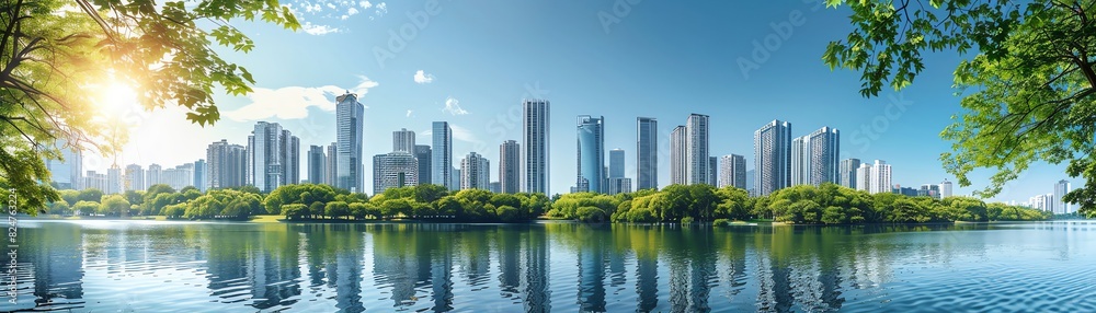 Modern city skyline with lush greenery reflecting in serene water, bright and clear day