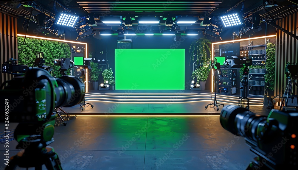 Modern TV studio with green screen and professional cameras, bright ...