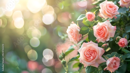 Beautiful morning sun shining on pink roses in a floral garden. Nature photography at its best. Perfect for backgrounds and decorative purposes. AI